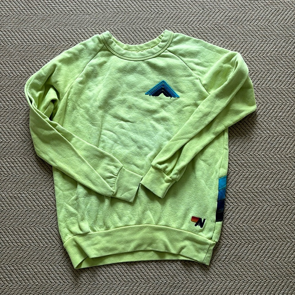 Aviator Nation Yellow Crew Sweatshirt w Blue Mountain Stripe Sz XS